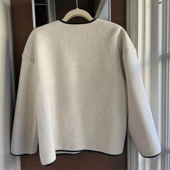 Oversized Wool Jacket with Black Leather Trim